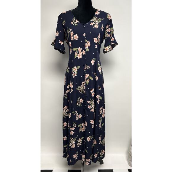 Vintage 90s Maxi Dress Fit & Flare Floral Cottage Full Button Up Sz 10 Tie Back - Picture 1 of 15